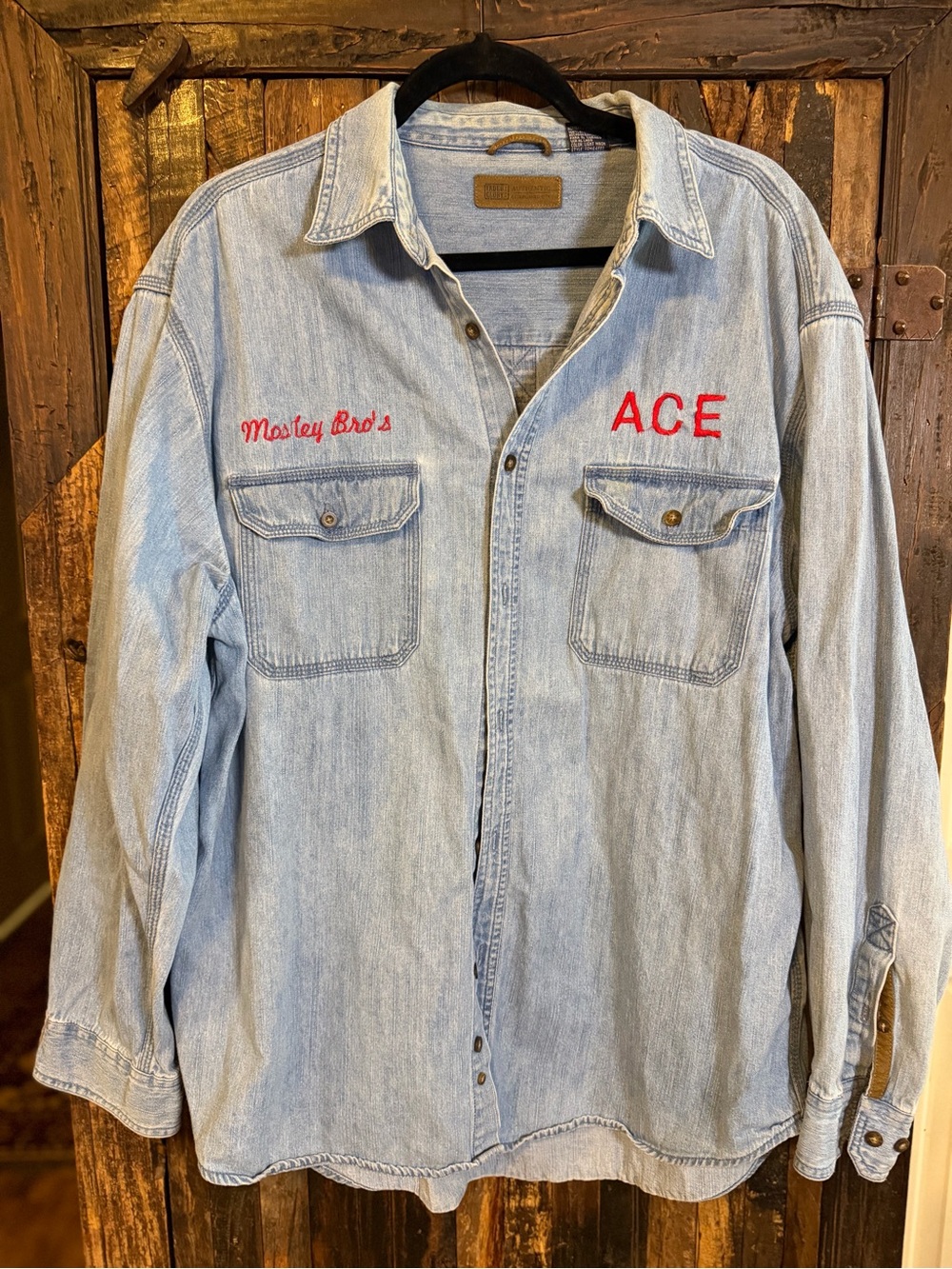 Faded Glory Denim Work Shirt Men’s L Mosley Bro’s ACE Embroidered Light Wash